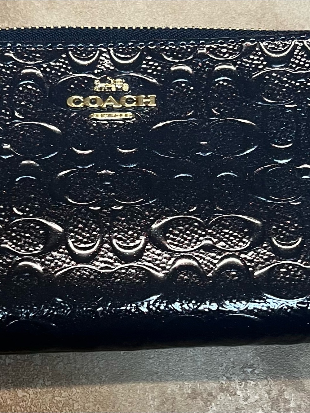 Coach Glossy Embossed Signature Wallet - Navy with Gold Logo